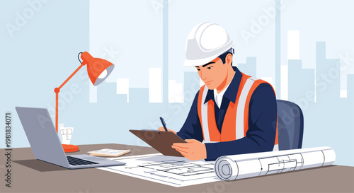 Professional architect or engineer wearing a hard hat and safety vest working on construction blueprints at his office desk.