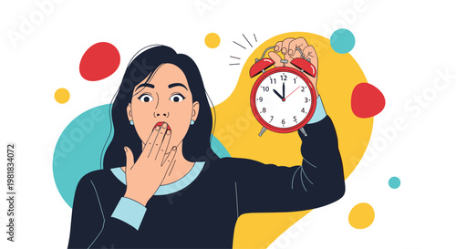 Surprised woman holding a red ringing alarm clock and covering her mouth in shock about being late or time passing quickly.