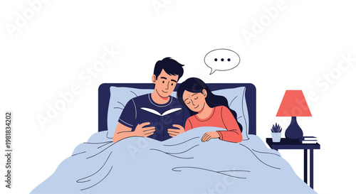 Romantic young couple in bed where a man is reading a book while a woman is sleeping peacefully by his side.