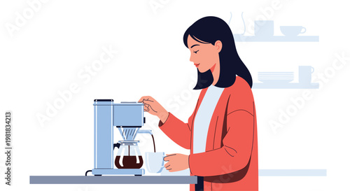 Woman making a fresh pot of drip coffee in her kitchen during her morning routine with a modern blue coffee machine.