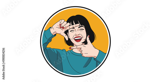 Cheerful young woman framing her face with her fingers and smiling broadly inside a circular frame with yellow color.