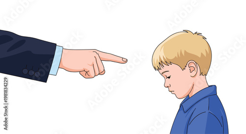 Close-up of a businessman's hand pointing a finger at a sad and ashamed young boy in a blue shirt over white background.
