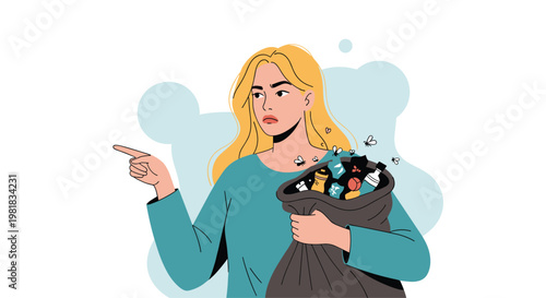 Frustrated young woman holding a full bag of trash with flies buzzing around while pointing towards the room exit.
