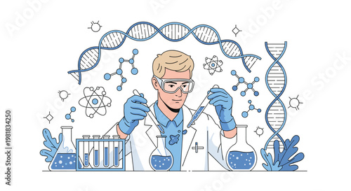 Professional male scientist conducting an experiment with test tubes and chemicals surrounded by DNA and molecular symbols.