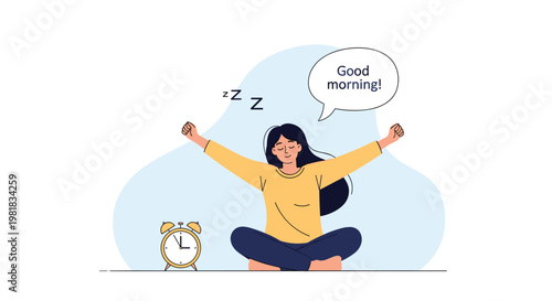 Young woman sitting cross-legged on the floor stretching her arms and yawning after waking up to a ringing alarm clock.