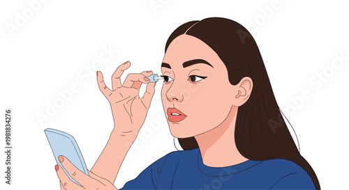 Young woman carefully applying a contact lens to her eye while looking into a small handheld mirror on white background.