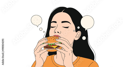 Hungry young woman closing her eyes in delight while taking a large bite of a delicious cheeseburger on orange background.