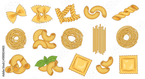 Detailed collection of various pasta types including farfalle, fusilli, macaroni, spaghetti, and ravioli for culinary design projects.