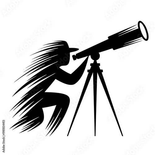 Silhouette, astronomer telescope, minimalist style. Scientist observes cosmos, figure uses astronomer telescope on tripod. Concept for space exploration, scientific discovery, education.