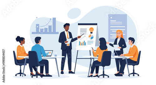 Professional business team attending a data-driven presentation led by a manager using a whiteboard in a modern office.