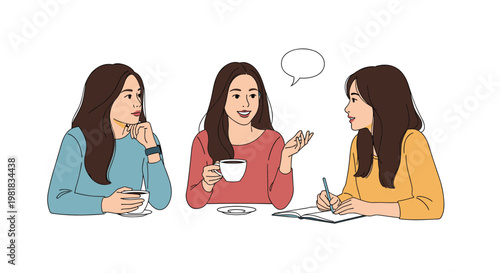 Three young women enjoying a conversation while drinking coffee and taking notes together at a cafe in a casual atmosphere.