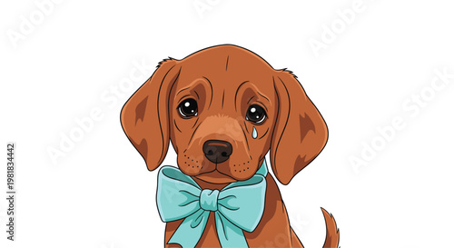 Heartbreaking illustration of a sad brown puppy with a large tear in its eye wearing a light blue bow on its neck.