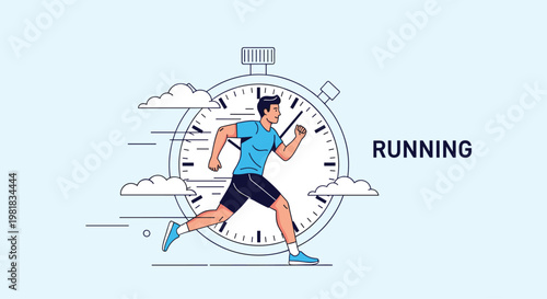 Man in sportswear running fast in front of a giant stopwatch representing speed, fitness, and time management in sports.