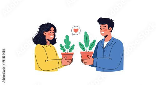Happy young couple sharing a moment of love and hobby while holding potted plants and smiling at each other warmly.