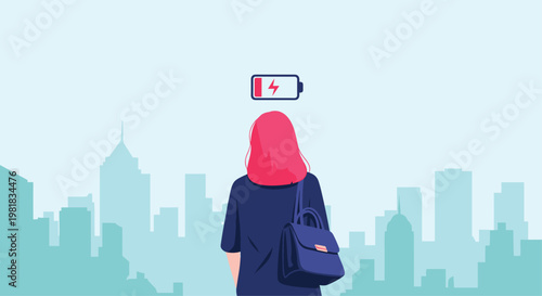 Back view of a young woman standing in front of a city skyline with a low battery symbol over her head representing fatigue.