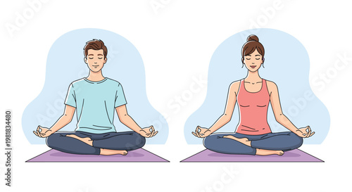 Young man and woman sitting in lotus pose and practicing meditation for mental wellness and inner peace on colorful yoga mats.