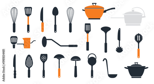 Large collection of kitchen utensils and cookware silhouettes including pots, knives, spatulas, and whisks in black and orange.