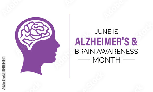 June Alzheimer s awareness banner design. Brain health concept. Clean vector illustration. EPS 10 format. Brain icons and human profiles to represent memory loss and neurological care.