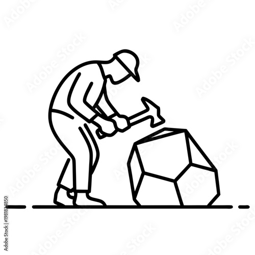 Rock examination geologist hammer, minimalist line art. Professional rock examination, studying geological samples during fieldwork. Rock examination icon for scientific research, education, industry.