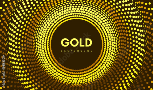 Circular volumetric layers of glowing golden circles. Pulsating energy. Funnel or tunnel. Dynamic particles. Technological style. Vector for brochure, poster, cover, presentation, etc.