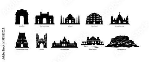 Set of Black Indian Landmark and Monument Silhouette Icons Including Taj Mahal, India Gate, Gateway of India and Temple, Travel and Heritage Flat Vector Illustration