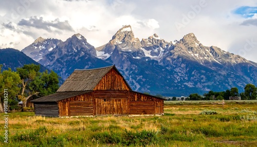A rustic wooden structure, basking in the sun against a backdrop of imposing, snow-capped mountains and a cloudy sky