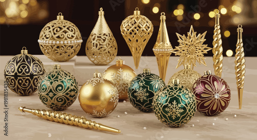 Elegant assortment of handcrafted decorative ornaments and holiday baubles Vector