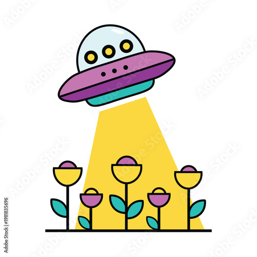 Cute UFO Alien Spaceship Beaming Up Flowers Illustration. Cartoon Flat Vector Art of Flying Saucer with Light Beam and Garden Flowers. Colorful Minimalist Outer Space Concept Isolated on White.