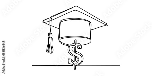 A single continuous line drawing of a graduation cap sitting on top of a large dollar sign symbol