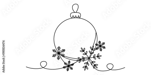 A simple continuous line drawing of a festive christmas bauble decorated with delicate snowflakes