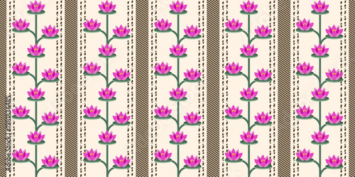 Dobby floral design seamless pattern. Vector french farmhouse stripe wallpaper with trendy Dobby pattern lotus flowers isolated background. Perfect textile fabric print living room wall decor. EPS 10