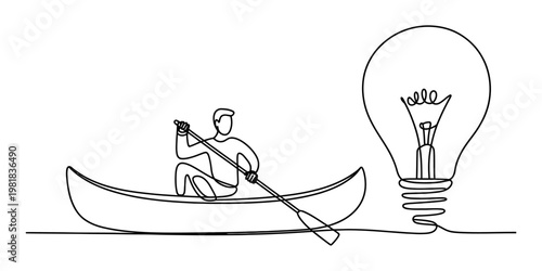 A continuous line drawing of a person rowing a small boat towards a glowing light bulb concept