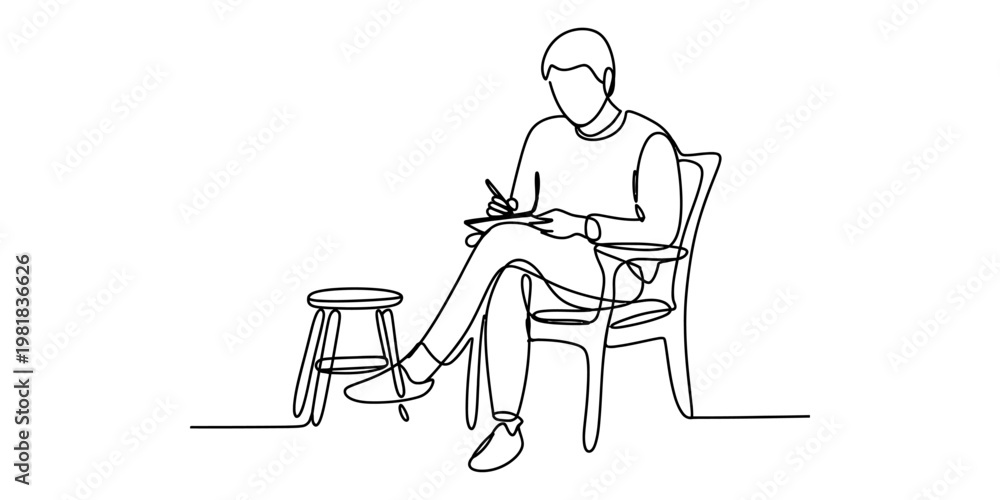 Fototapeta premium A single line drawing of a person sitting in a chair and writing on a small notepad with a pen Vector, illustration