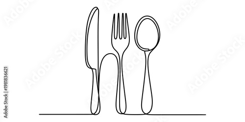 A minimalist single line drawing of a knife a fork and a spoon arranged together on a white base Vector, illustration