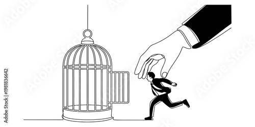 A black and white line drawing of a businessman running away from a large cage being held by hand Vector, illustration