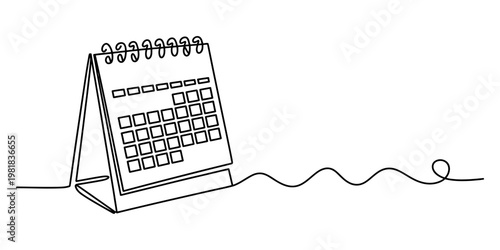 A single continuous line drawing of a desk calendar featuring a simple spiral binding design. Vector, illustration