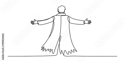 A continuous line drawing of a person in a long coat standing with their arms wide open to side. Vector, illustration