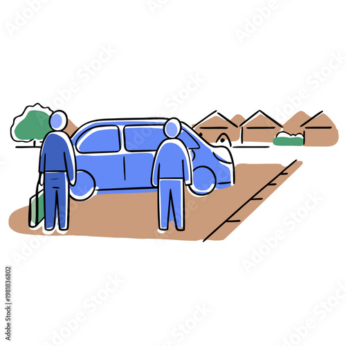 Two individuals discussing carpooling near a blue vehicle on a suburban street