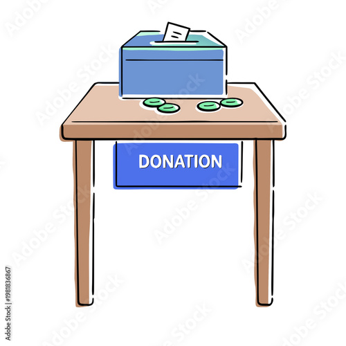 Donation box on a wooden table with coins in a bright, colorful style