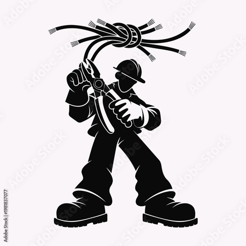Silhouette of an electrician wearing a hard hat and gloves holding wire cutters and tangled wires