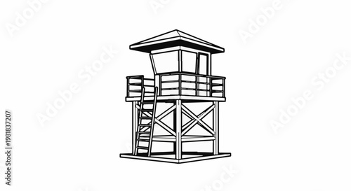 Stylized black and white drawing of a lifeguard observation tower