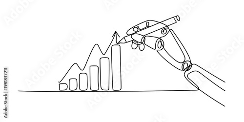 A single continuous line drawing of a robotic hand drawing an upward trending bar chart graph. Vector, illustration