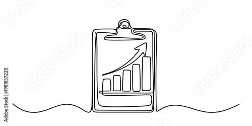 A single continuous line drawing of a clipboard displaying a rising bar chart for business data Vector, illustration
