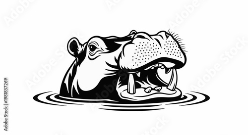 Stylized black and white graphic of a hippopotamus head emerging from water