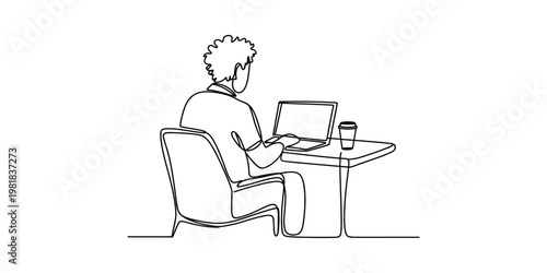A continuous one line drawing of a person sitting at a desk and working on a portable laptop computer. Vector, illustration