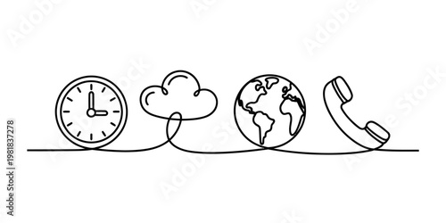A single continuous line drawing featuring icons of a clock, a cloud, the earth, and a telephone. Vector, illustration