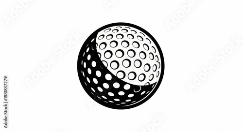 Stylized black and white graphic of a golf ball with dimples