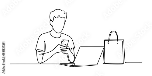 A continuous line drawing of a young man using his smartphone next to a laptop and shopping bag Vector, illustration