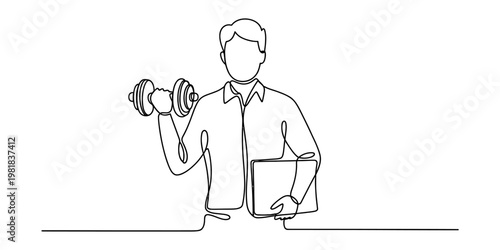 Continuous line drawing of a businessman lifting a dumbbell while holding a laptop computer Vector, illustration