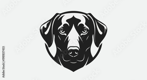 Stylized black and white illustration of a dog's face